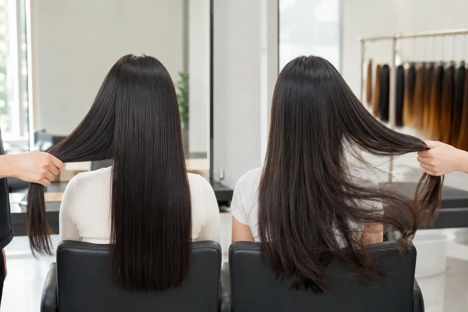 Hair movement comparison in a salon for bone straight vs natural straight vietnamese hair