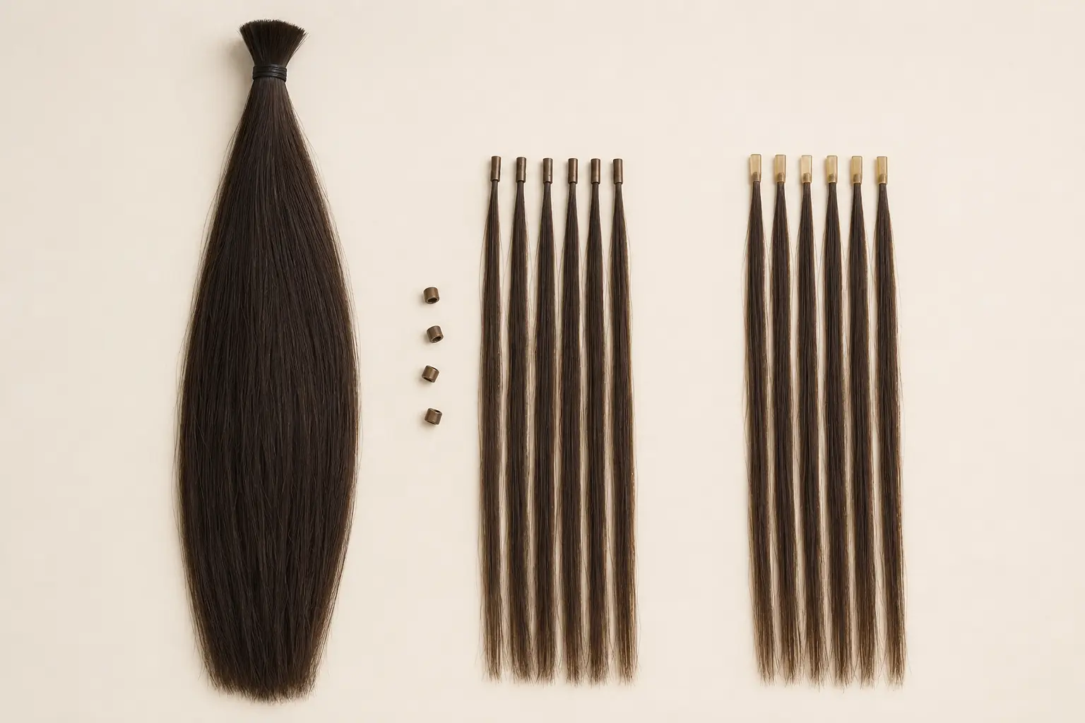 Loose bulk human hair beside I-tip and keratin-bond sample strands