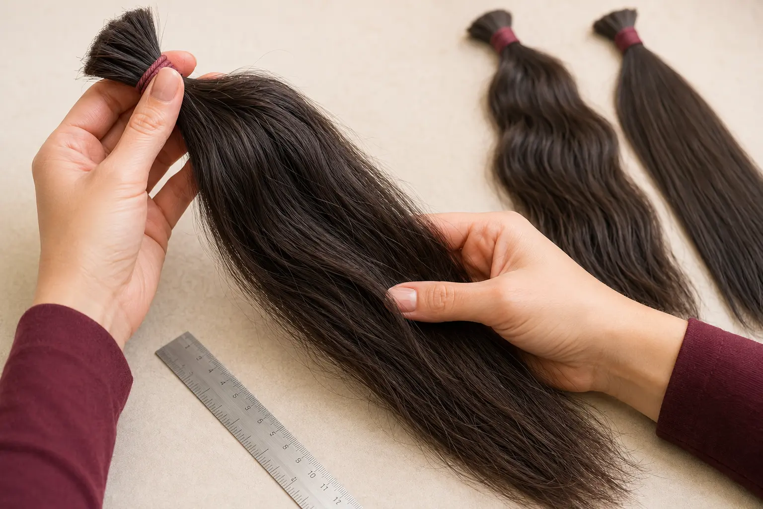 Buyer checking the density and ends of a bulk human hair sample