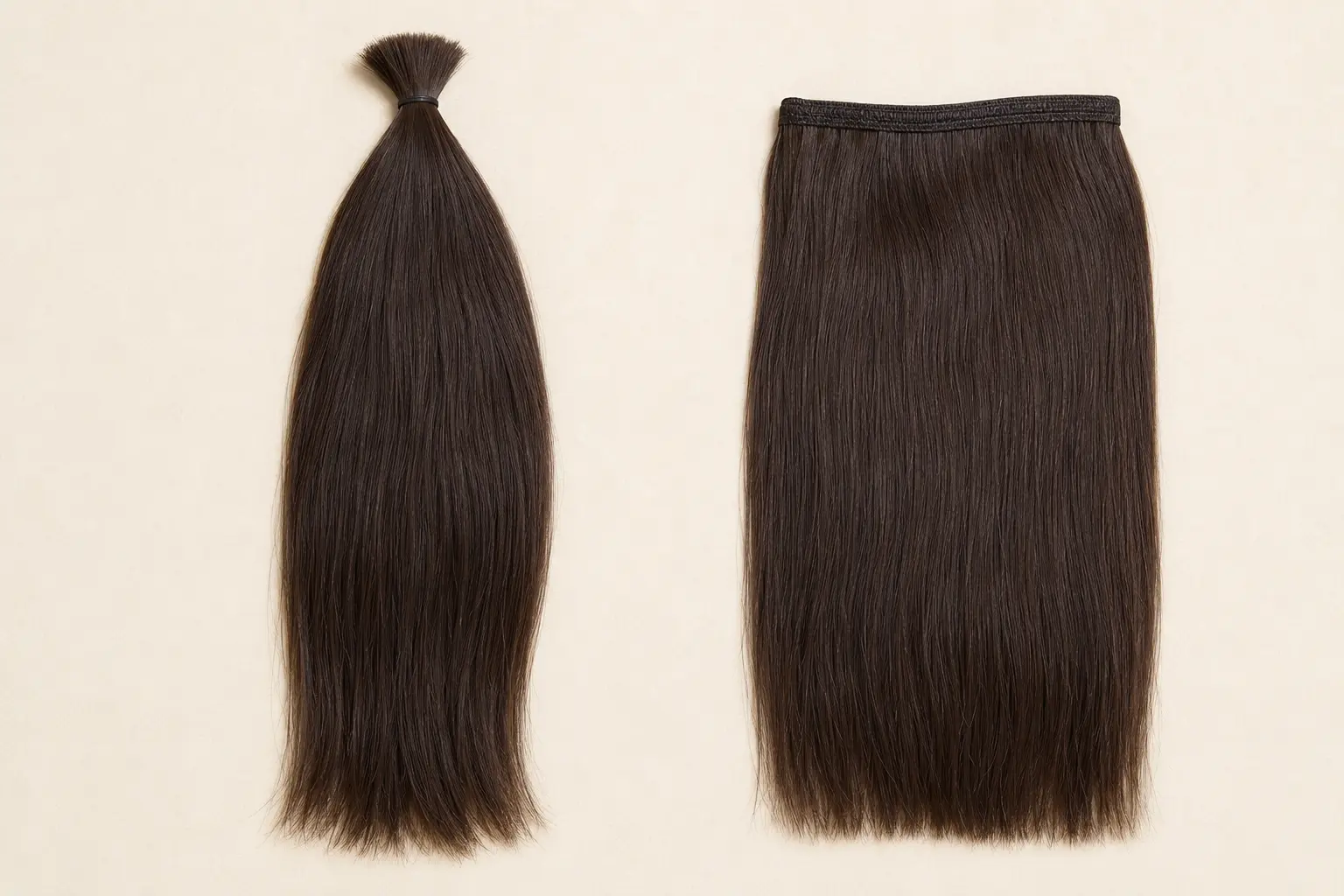 Loose bulk human hair compared with machine-weft hair