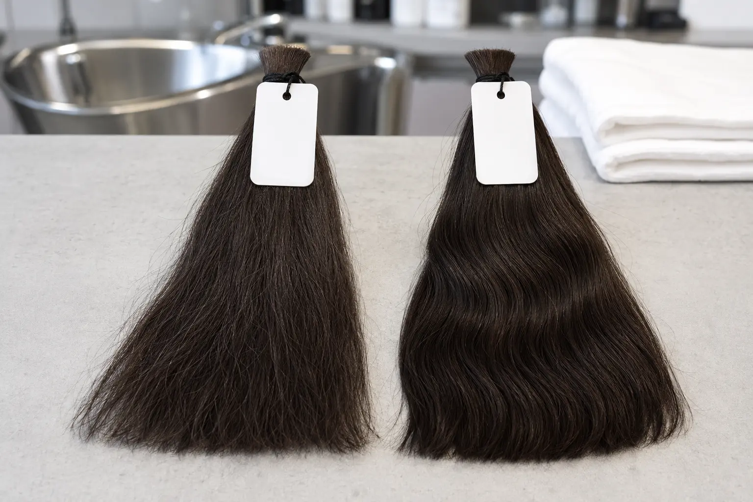 Wholesale hair samples arranged before and after a controlled wash test