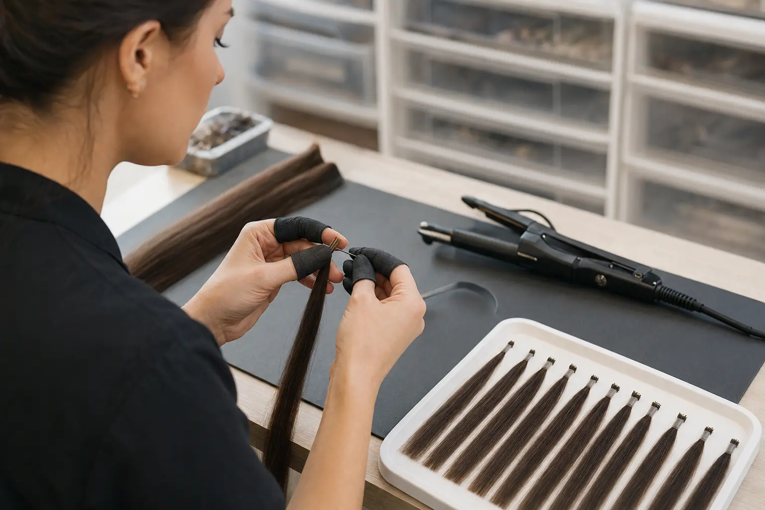 Technician preparing consistent keratin-bond sample strands from bulk human hair
