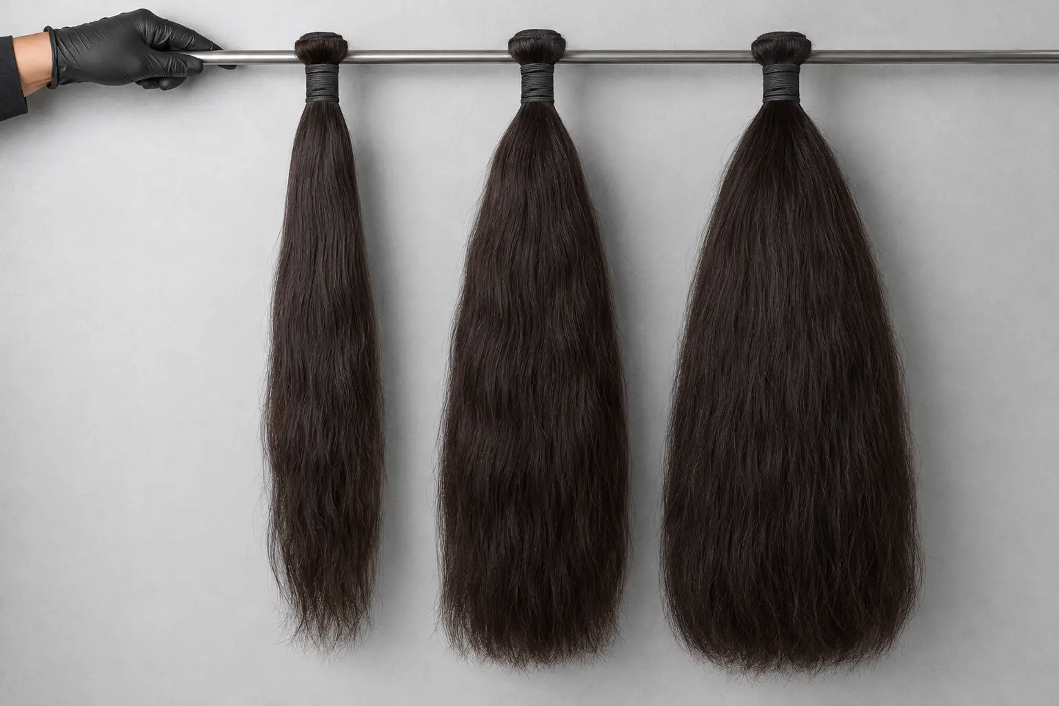 Three hair bundles hanging at equal distance for a side-profile fullness comparison