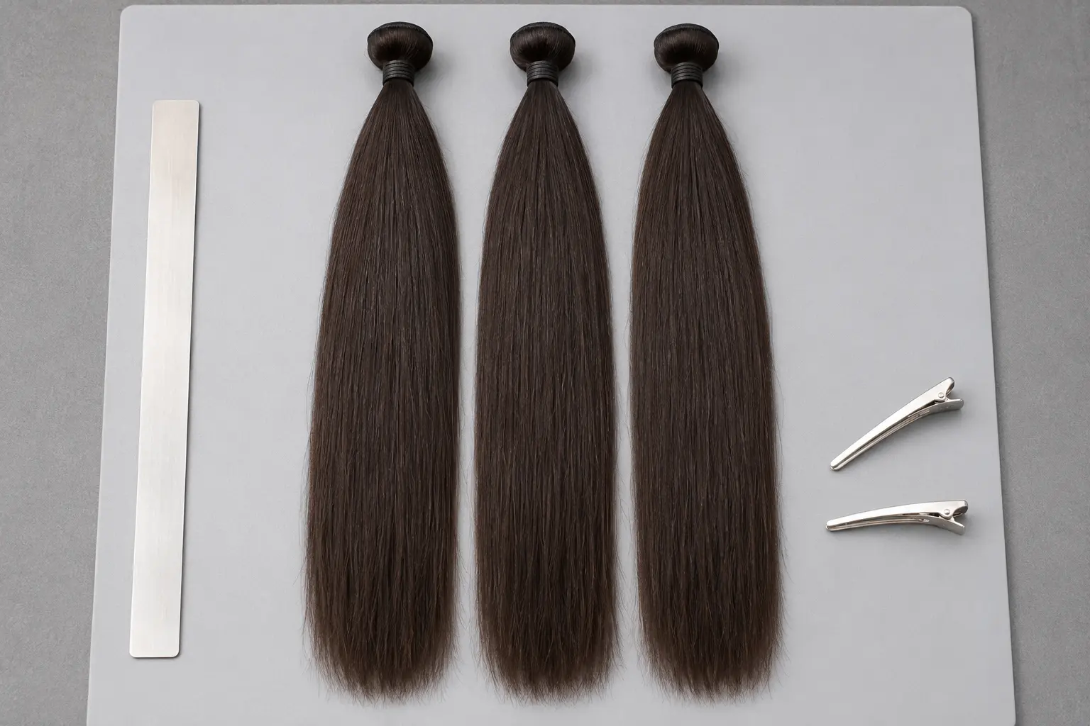 Three matched human-hair bundles aligned for lower-quarter tip-density inspection