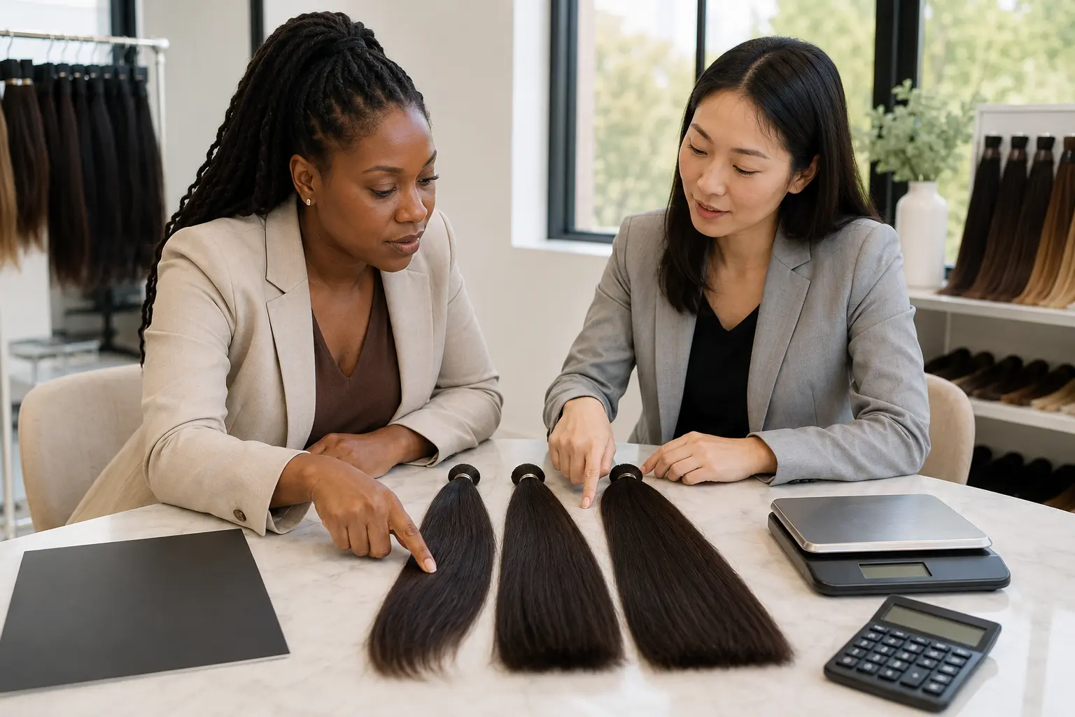 Salon owner and wholesale consultant comparing three hair fullness tiers
