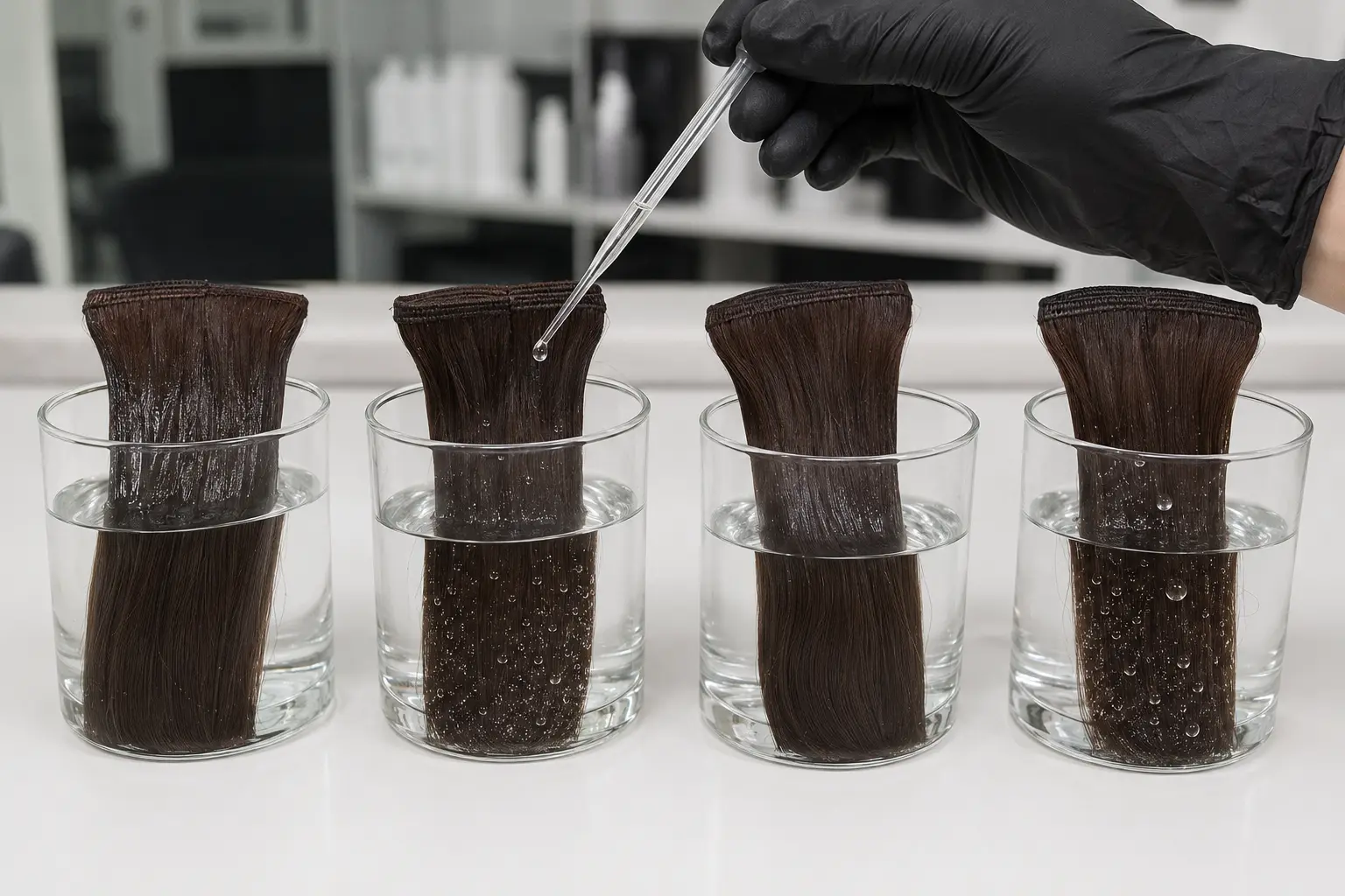 Matched human-hair extension swatches showing different wetting behavior in water