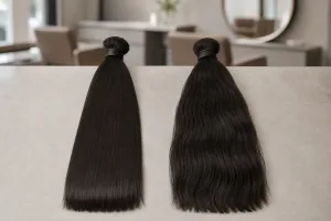 Split view of bone-straight and natural-straight bundles for bone straight vs natural straight vietnamese hair
