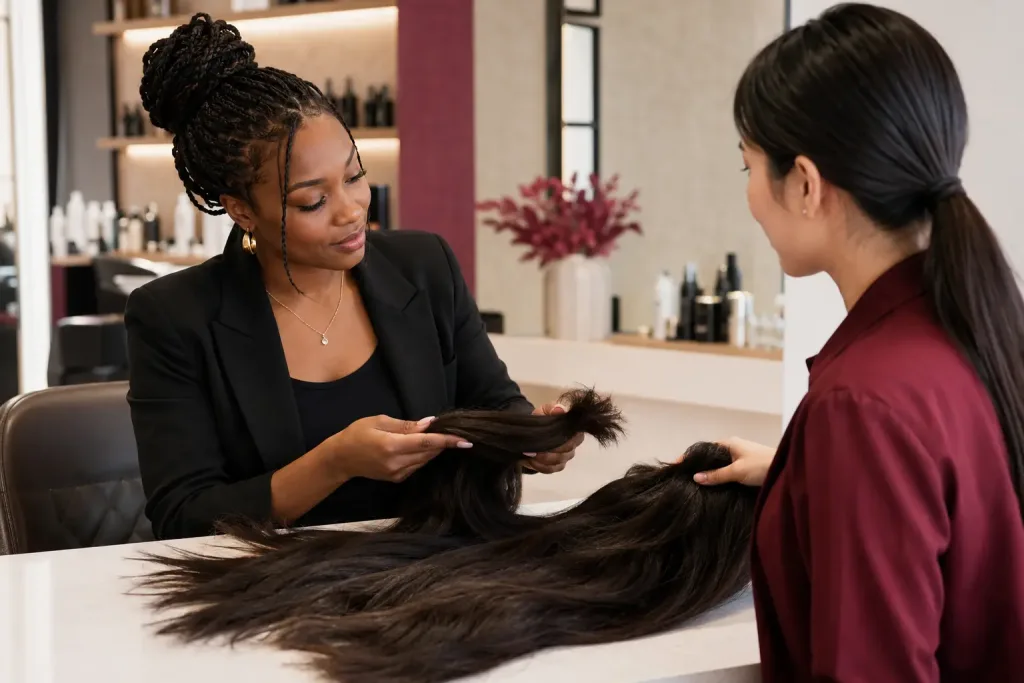 Salon owner inspecting bulk human hair for braiding with a Vietnamese supplier