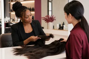 Salon owner inspecting bulk human hair for braiding with a Vietnamese supplier