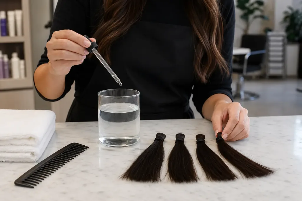 Colorist preparing coded human-hair extension samples for a porosity comparison
