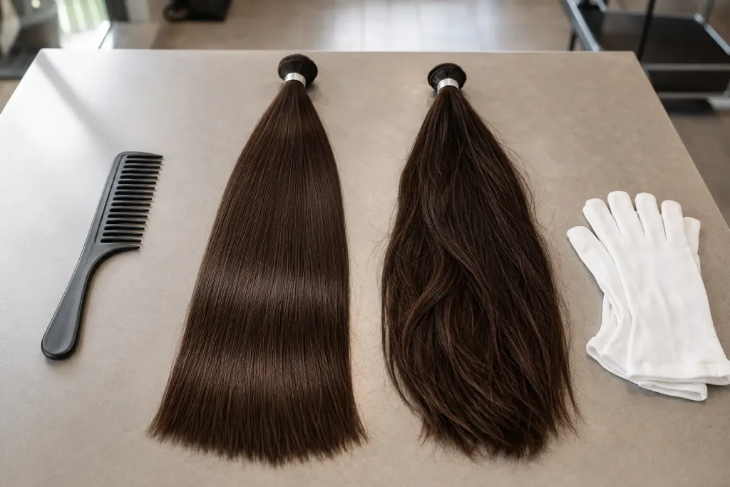 Smooth aligned Remy hair beside a less orderly human-hair extension bundle