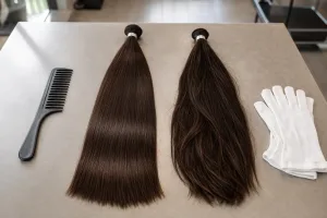 Smooth aligned Remy hair beside a less orderly human-hair extension bundle