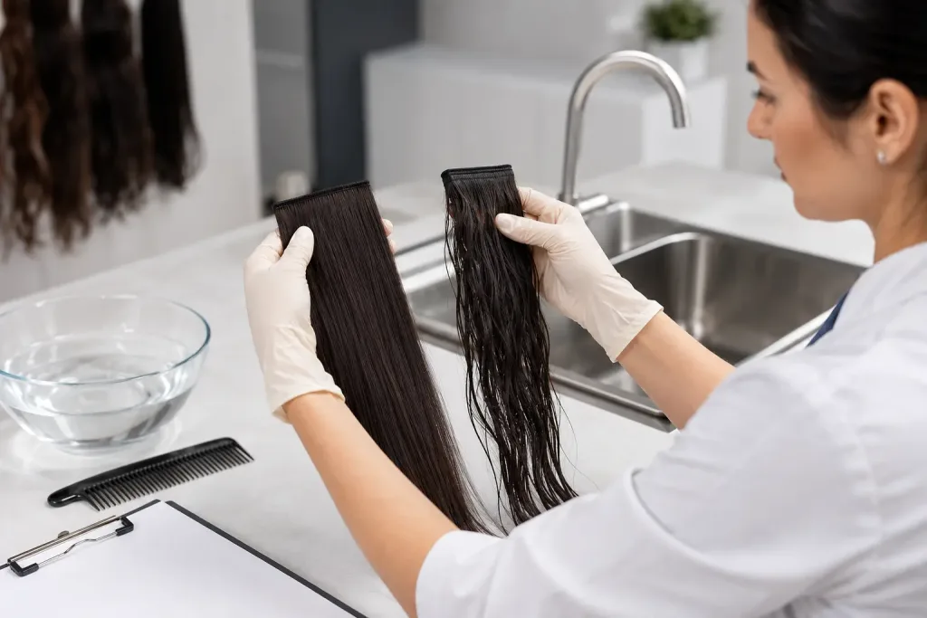 Technician comparing untouched and washed human-hair extension samples