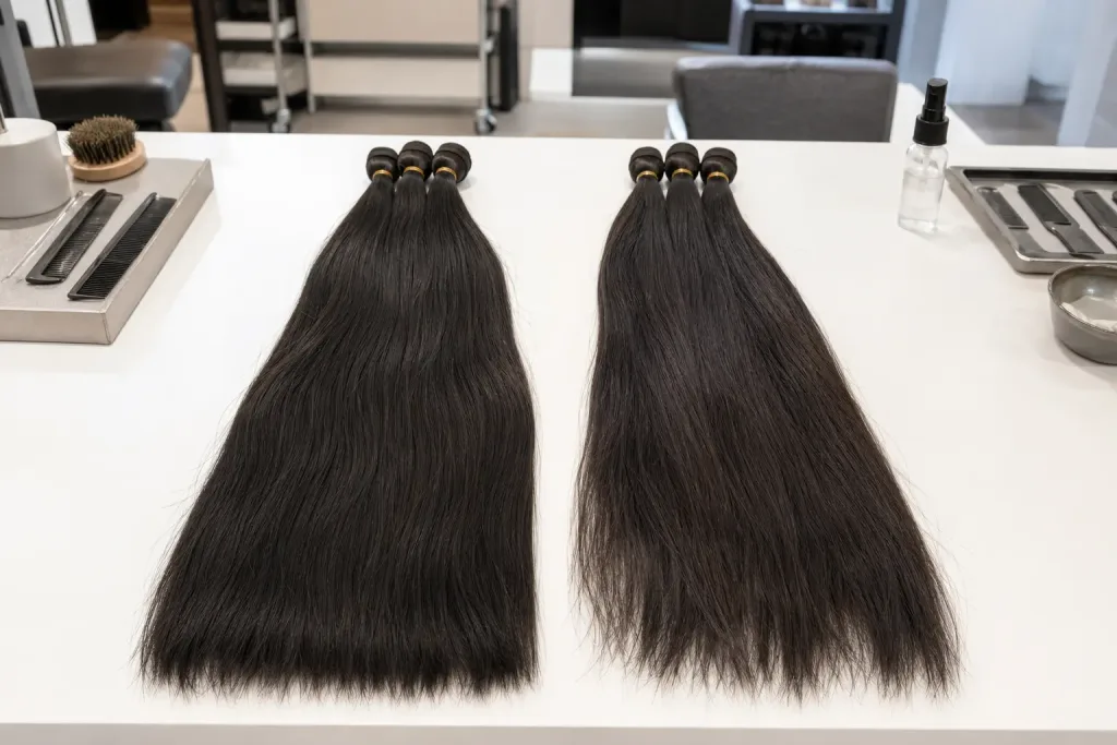 Two Vietnamese human-hair bundles compared on a wholesale quality-control table