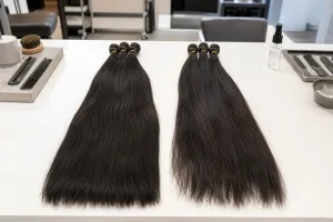 Two Vietnamese human-hair bundles compared on a wholesale quality-control table