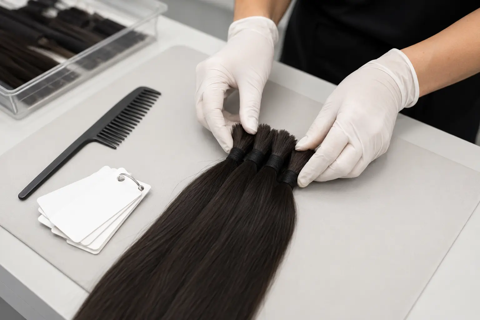 Wholesale hair buyer recording measurements while inspecting a coded batch sample