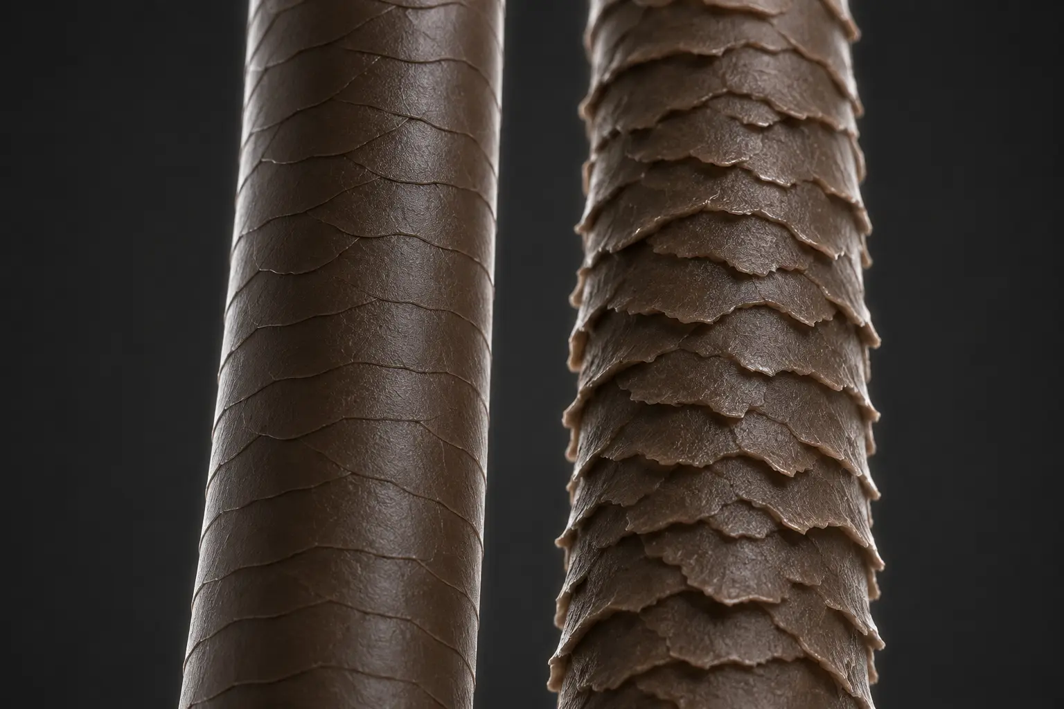 Conceptual close-up comparing an orderly hair cuticle surface with a weathered hair fiber