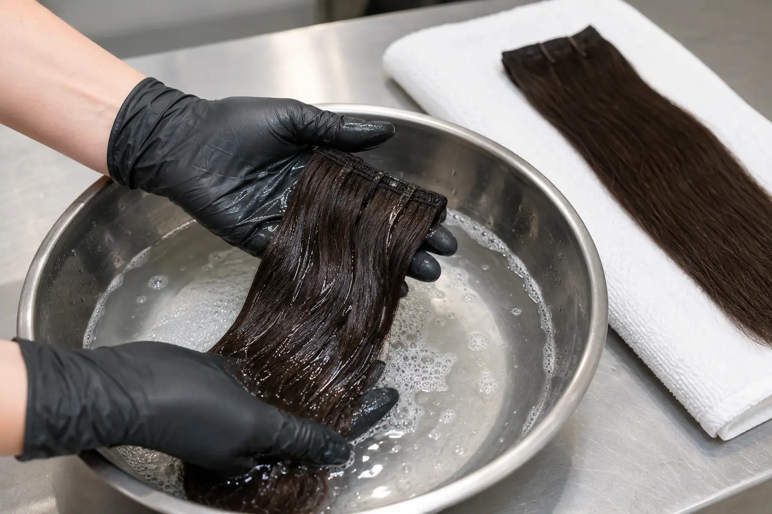 Gloved hands gently washing a human-hair extension sample in a salon bowl