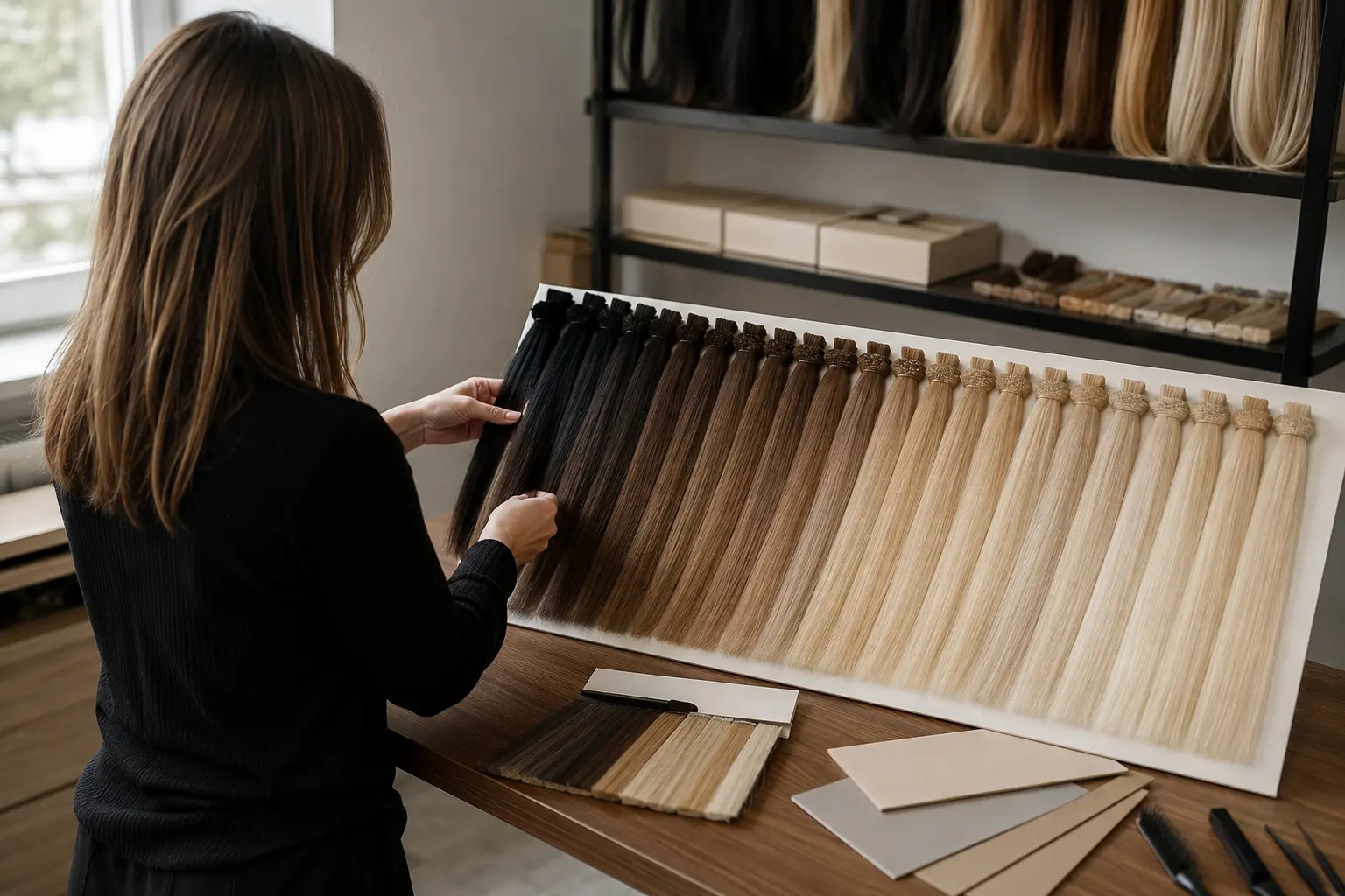 Hair swatches in indirect daylight for human hair color chart for salons: #1b to #613
