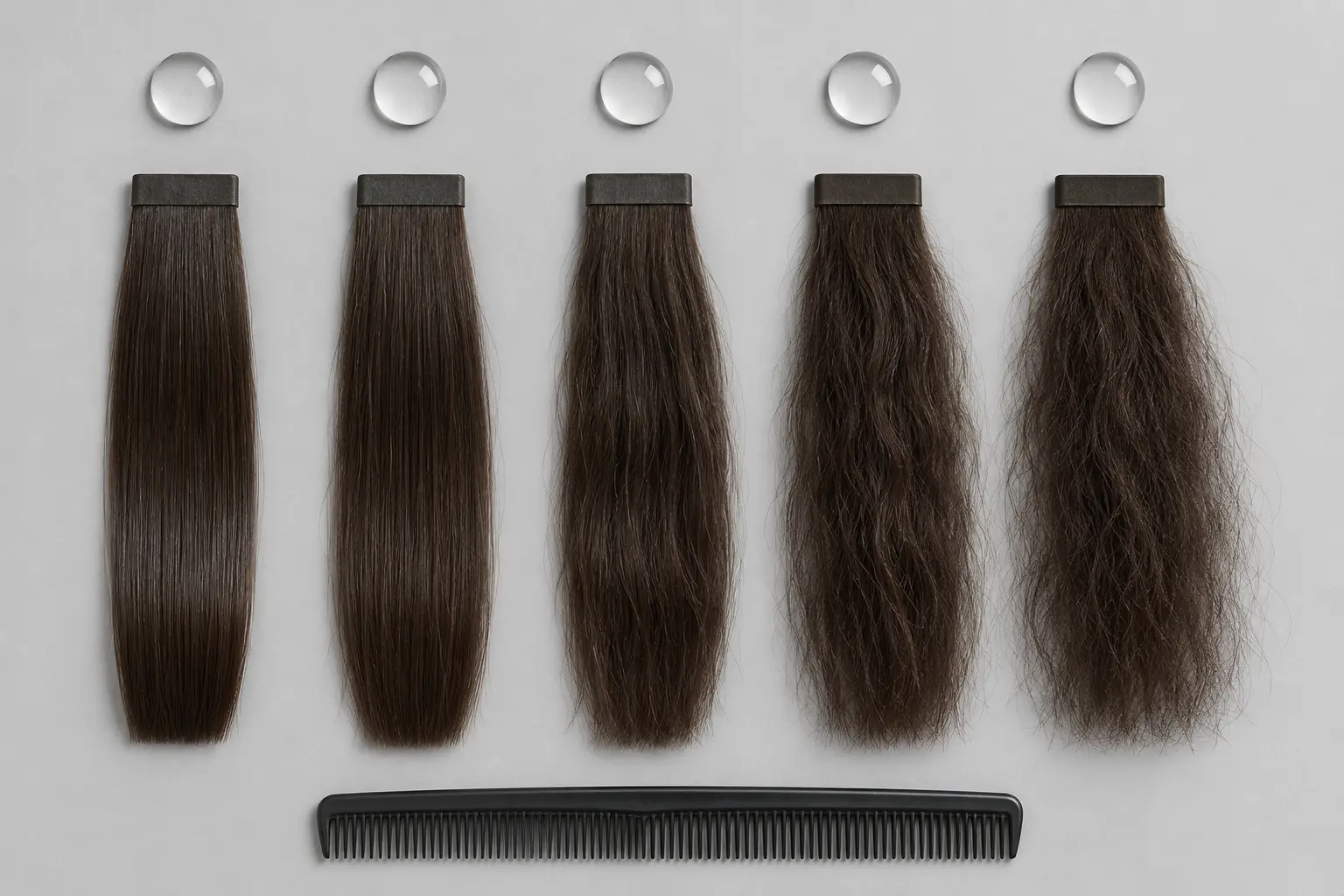 Five extension swatches arranged from even condition to increasingly uneven texture