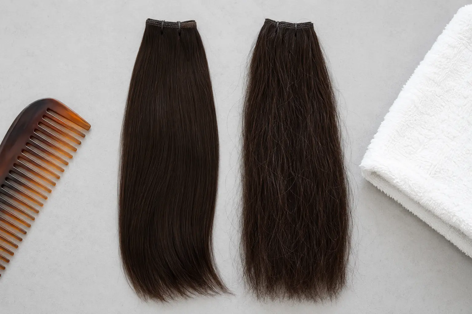 Air-dried hair-extension samples compared for smoothness and flyaways