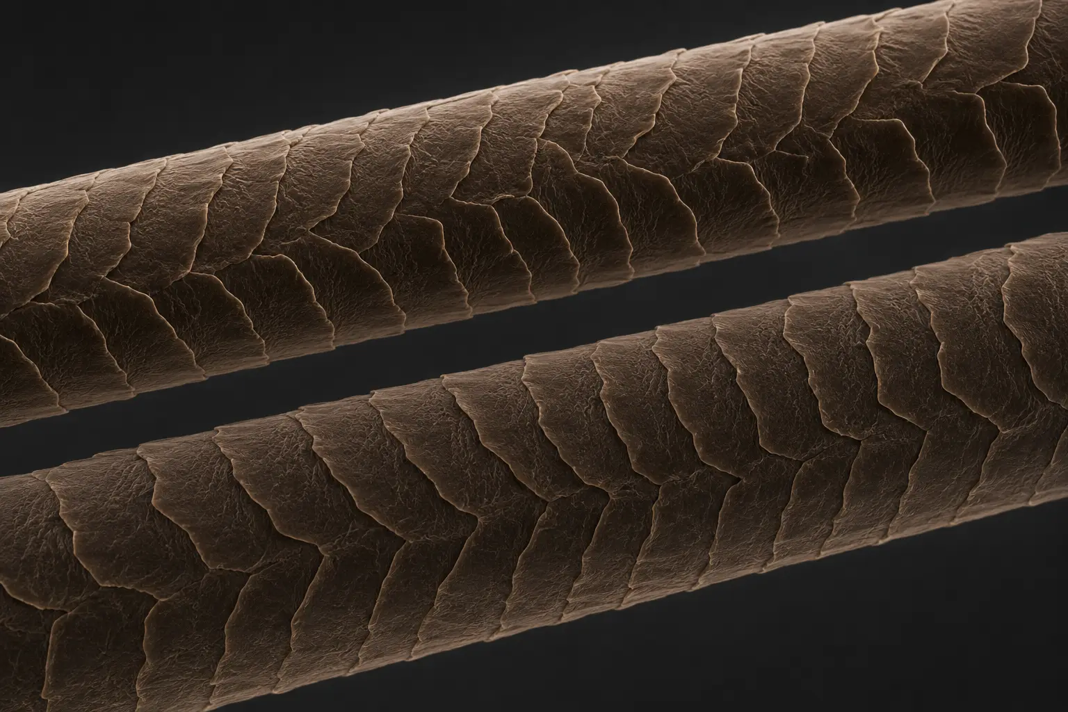 Conceptual macro view of human-hair cuticle scales in opposite strand directions