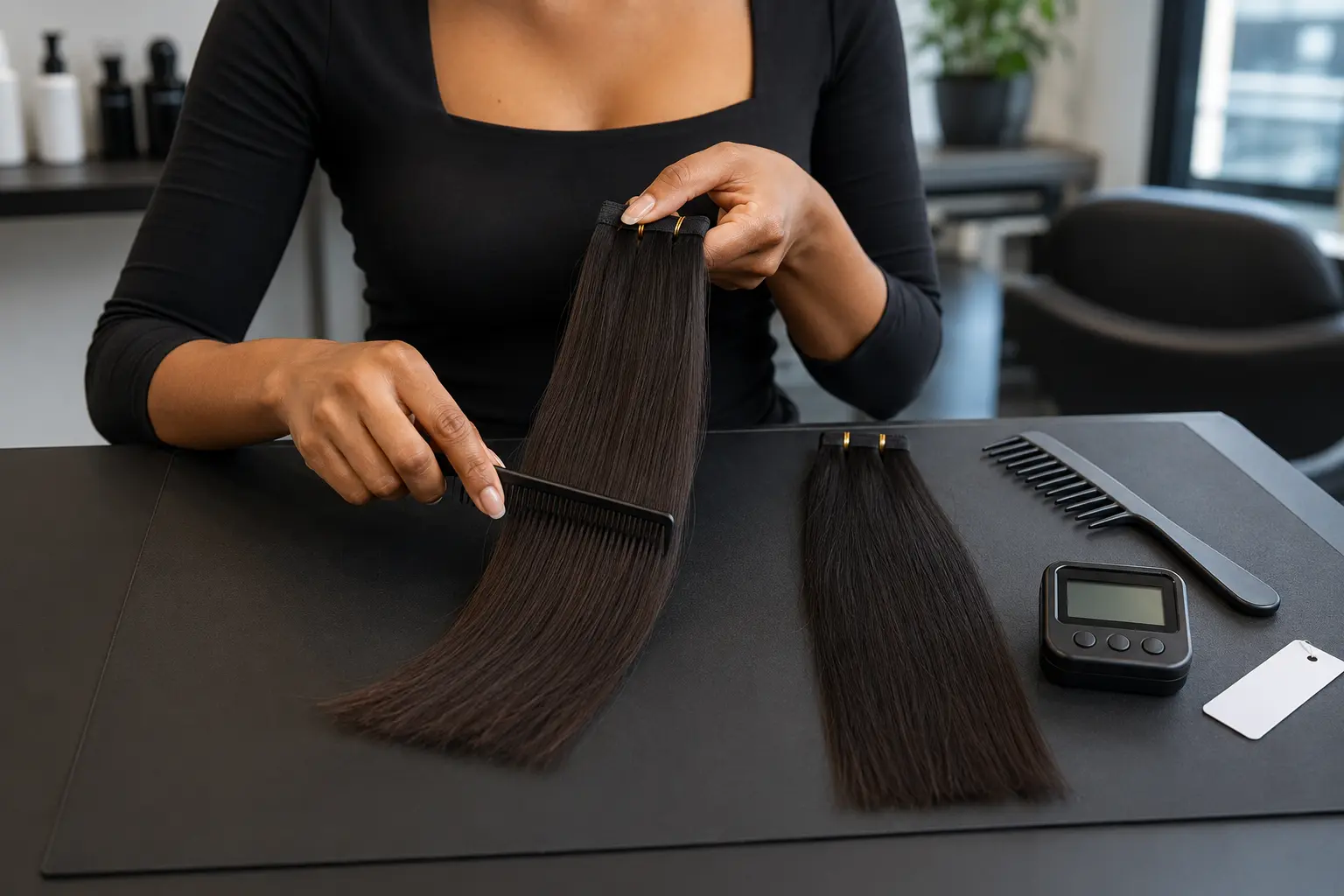 Salon specialist gently combing a coded Remy hair extension sample
