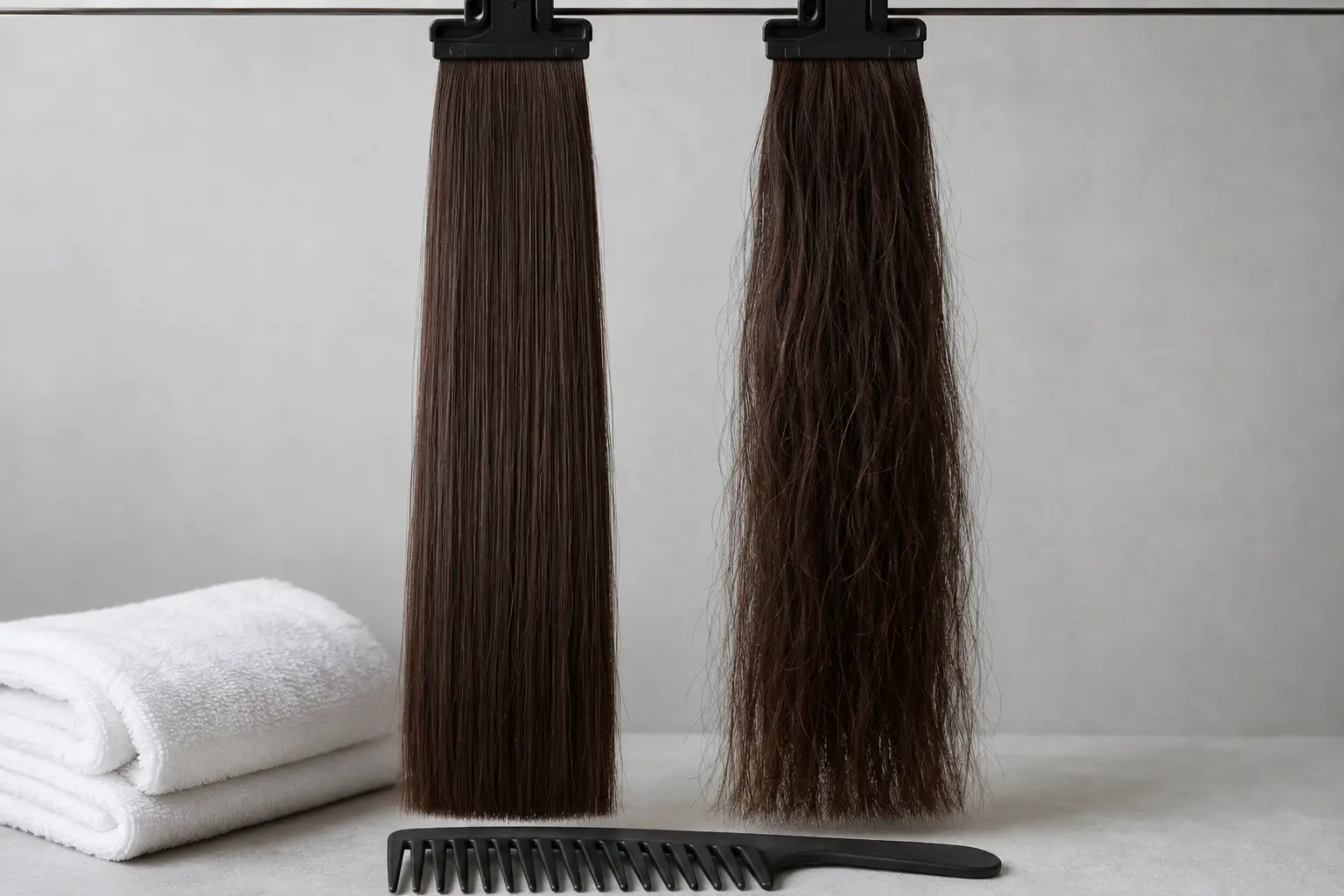 Two human-hair extension samples showing different results after a controlled wash