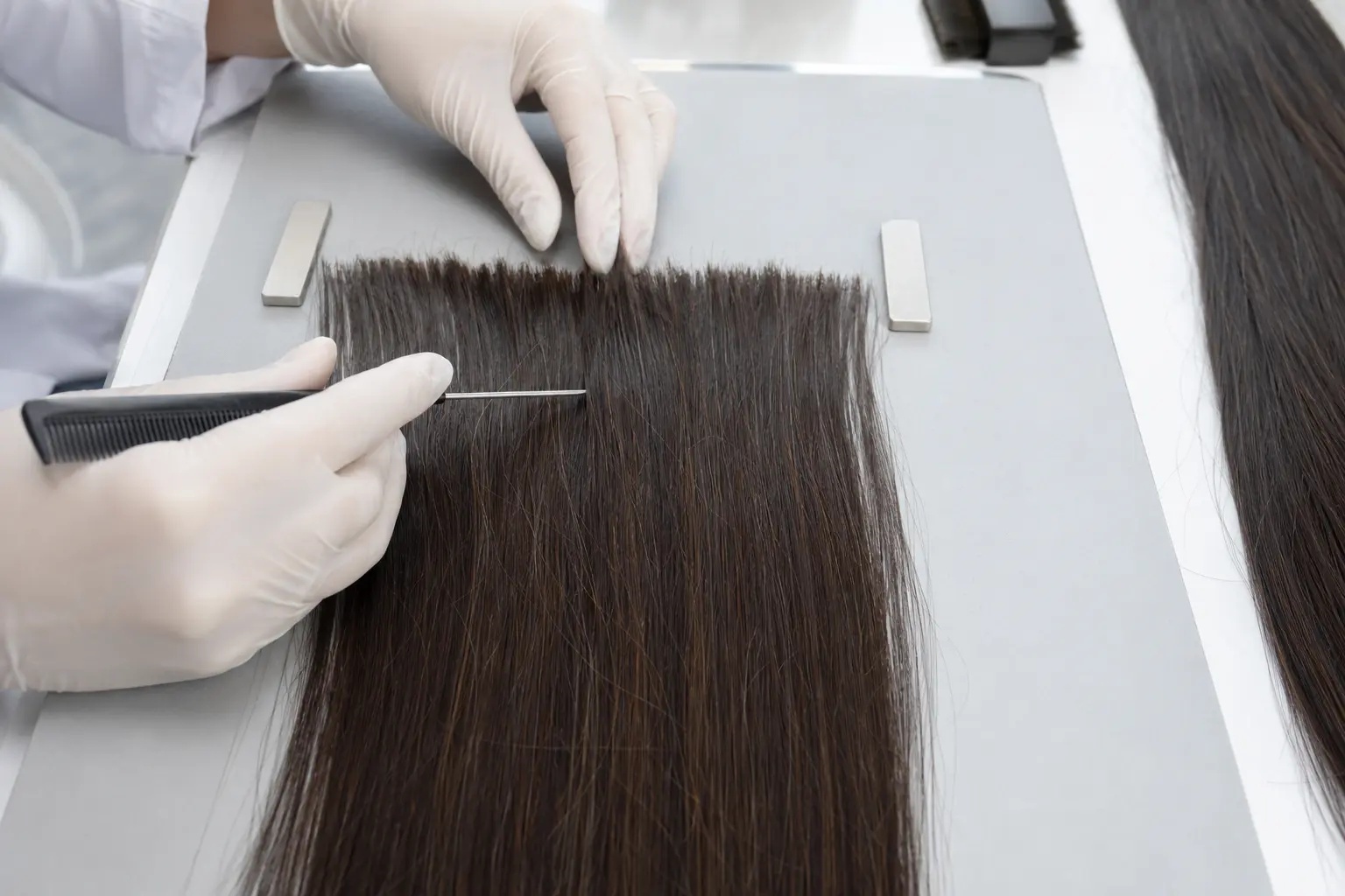 Technician aligning the root ends of loose human-hair strands on an inspection board