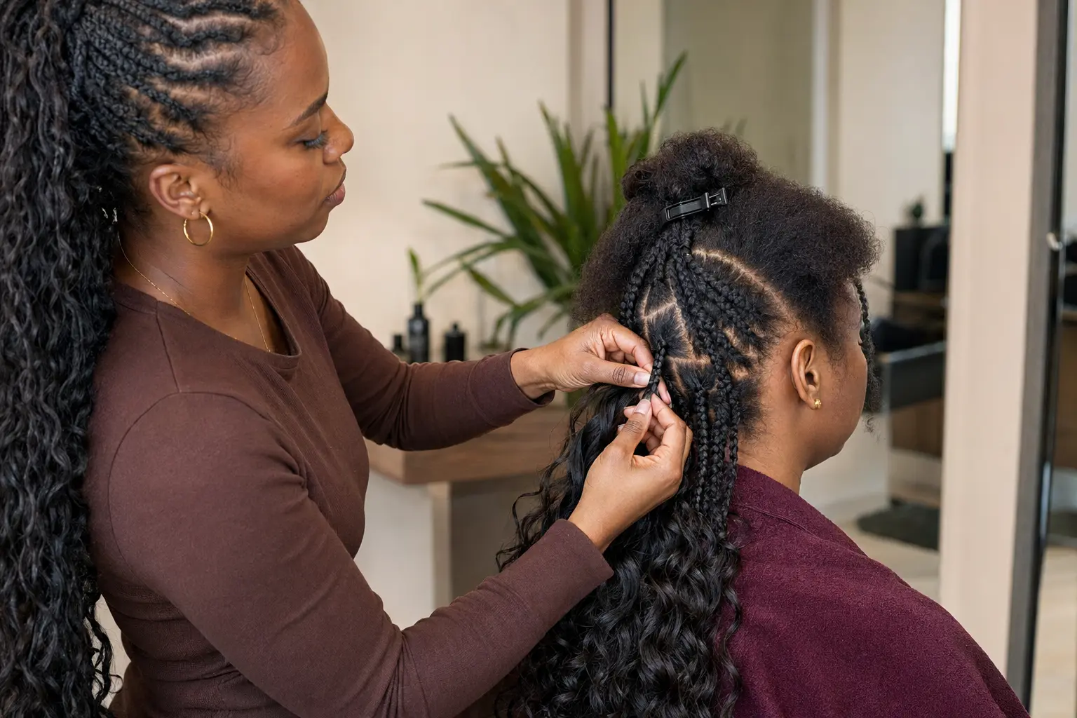 Professional stylist installing boho braids with loose human bulk hair