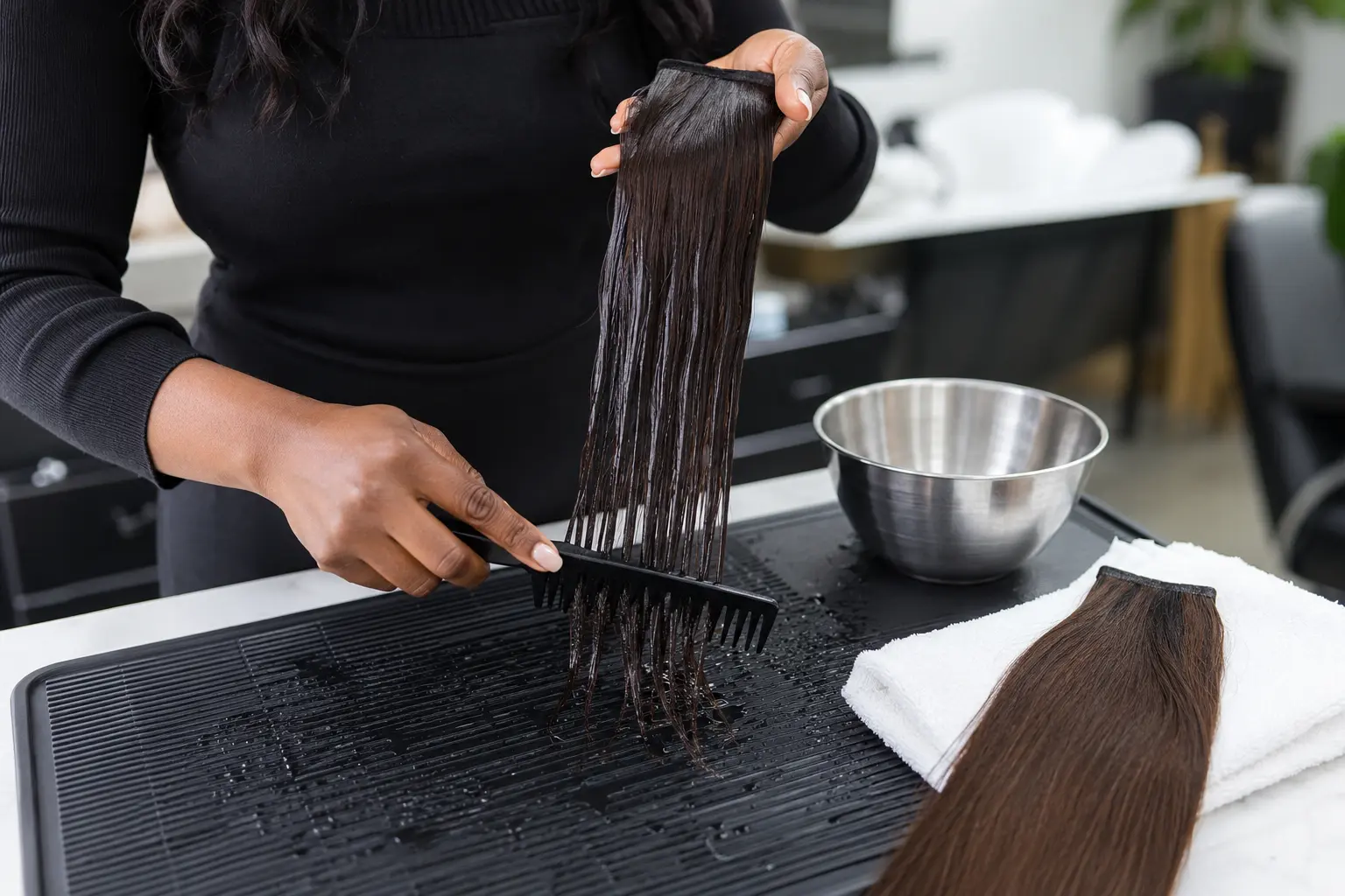 Salon technician gently combing a wet human-hair extension test sample