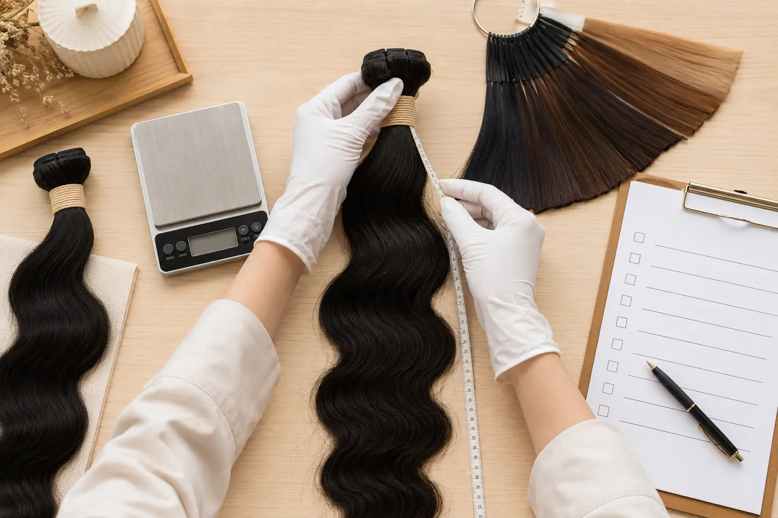 Salon buyer checking a Vietnamese hair sample with a scale measuring tape and inspection notes